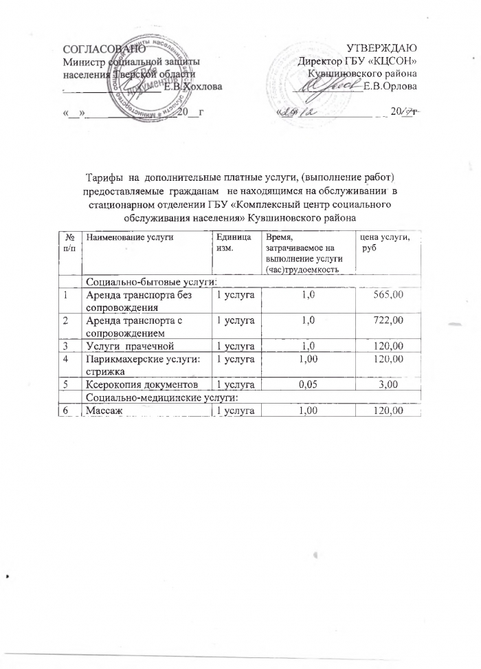 Об утверждении тарифов за оказание дополнительных платных услуг (выполнение работ) населению и организациям в ГБУ «КЦСОН» Кувшиновского района на 2018 год